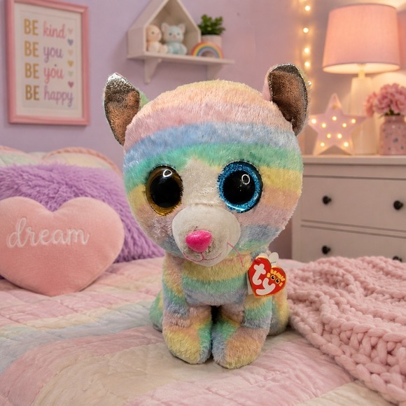 Ty Other - Ty Beanie Boos Heather Large Rainbow Cat Plush 17"2018 Blue Gold Glitter Eyes